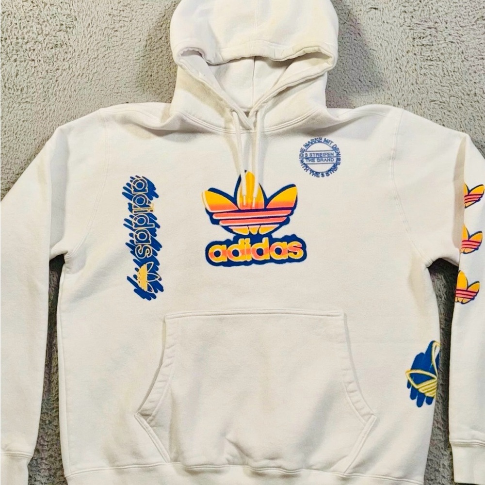 adidas White Hoodie with Blue and Yellow Accents